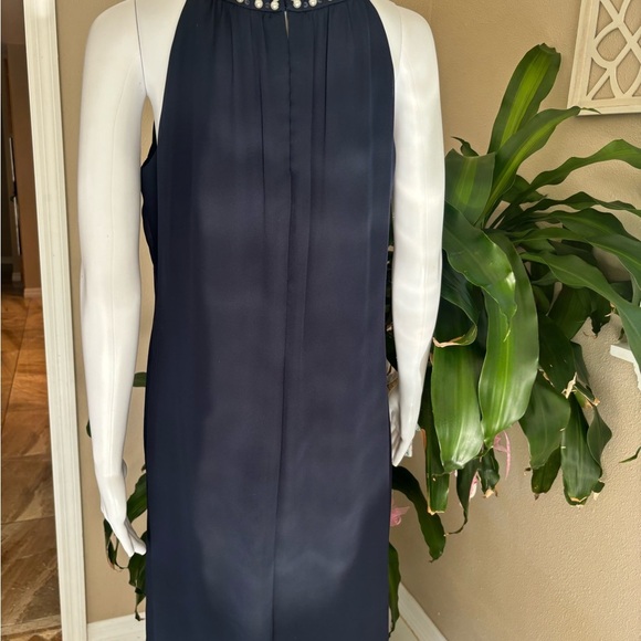 SL Fashions Blue and White Sleeveless Halter Midi Dress - Picture 4 of 9